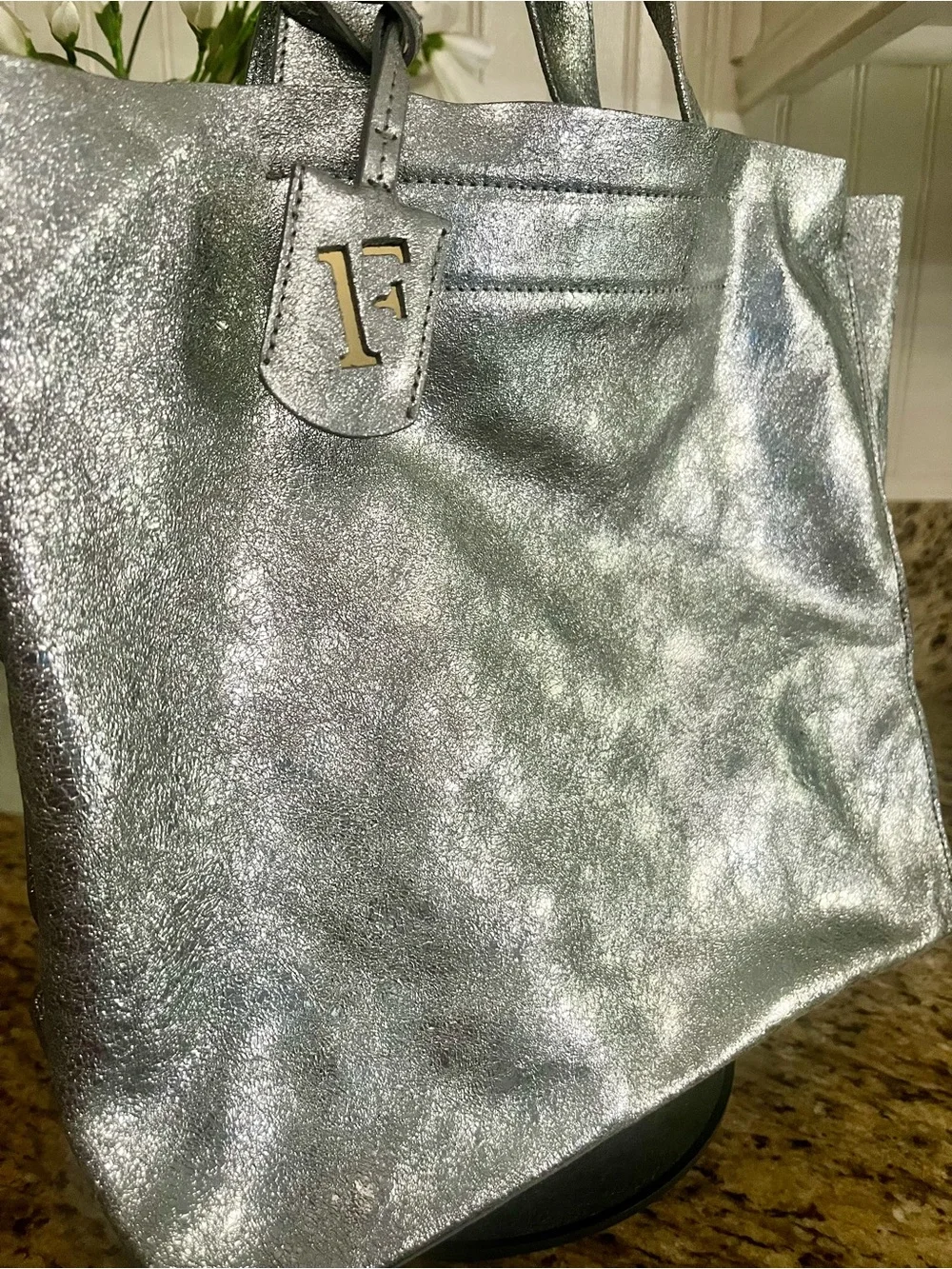GUC Furla Silver Metallic Tote Bag with F Charm